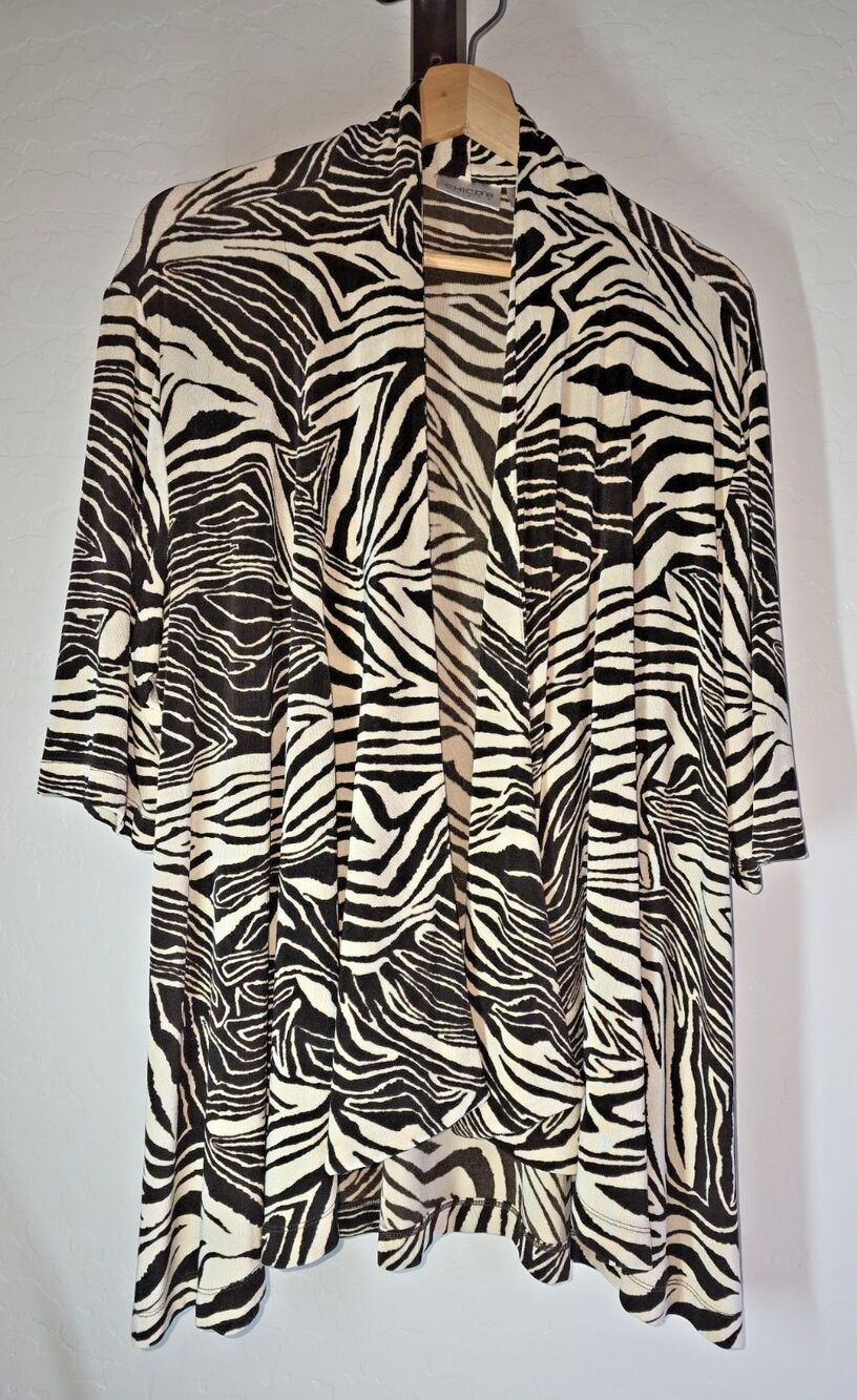 Chico's Travelers Duster Cardigan Size 3 Open Beige Zebra Print Stretch